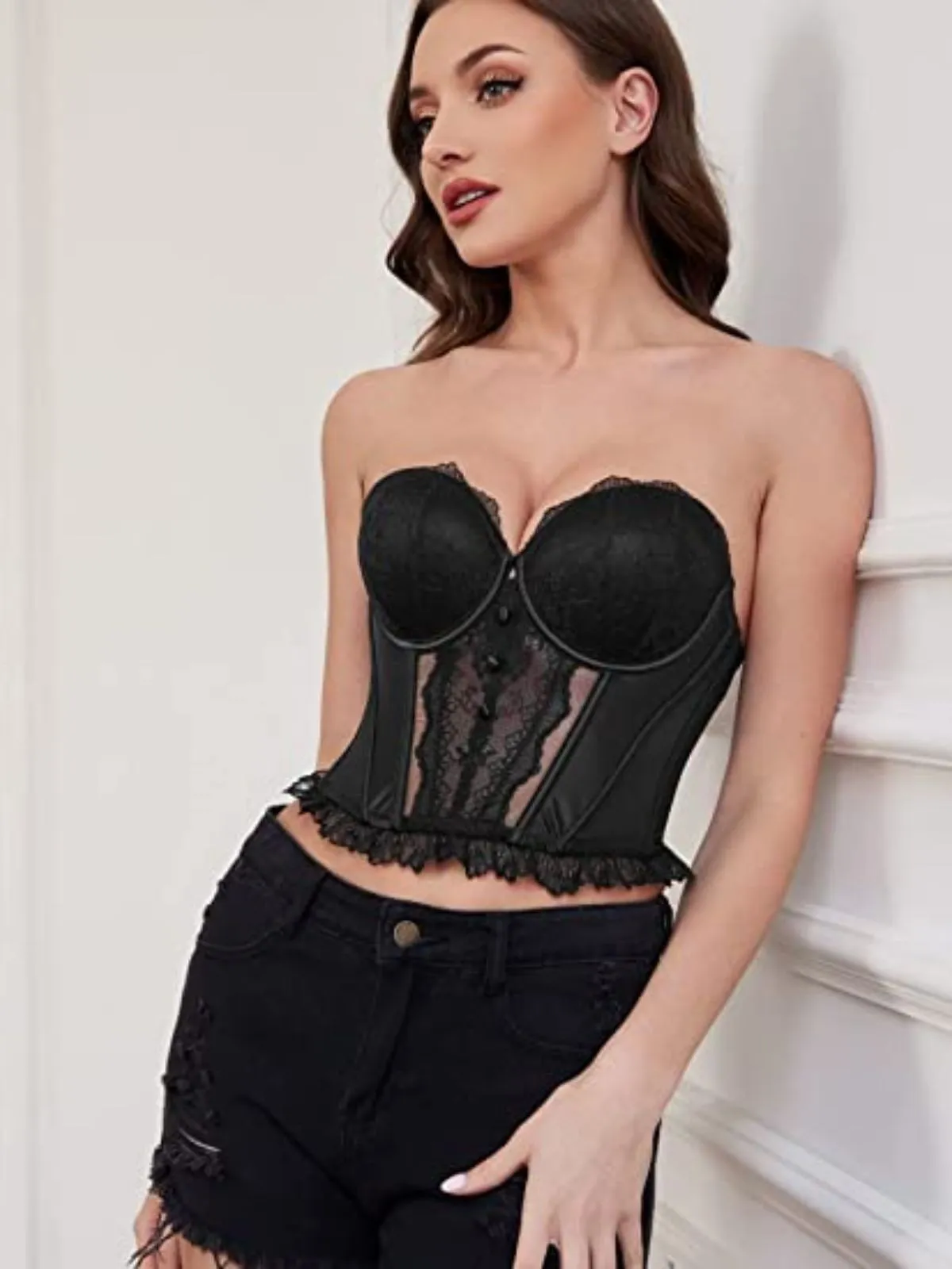 Strapless Bra Longline Corset Push Up Boned Underwire Sexy Sheer Mesh Lace-Trim Black