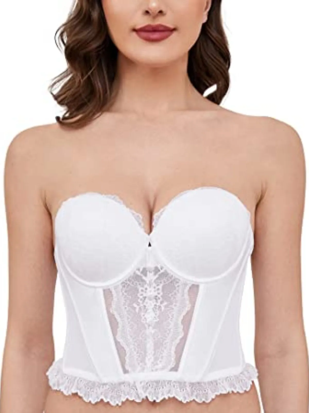 Strapless Bra Longline Corset Push Up Boned Underwire Sexy Sheer Mesh Lace-Trim White