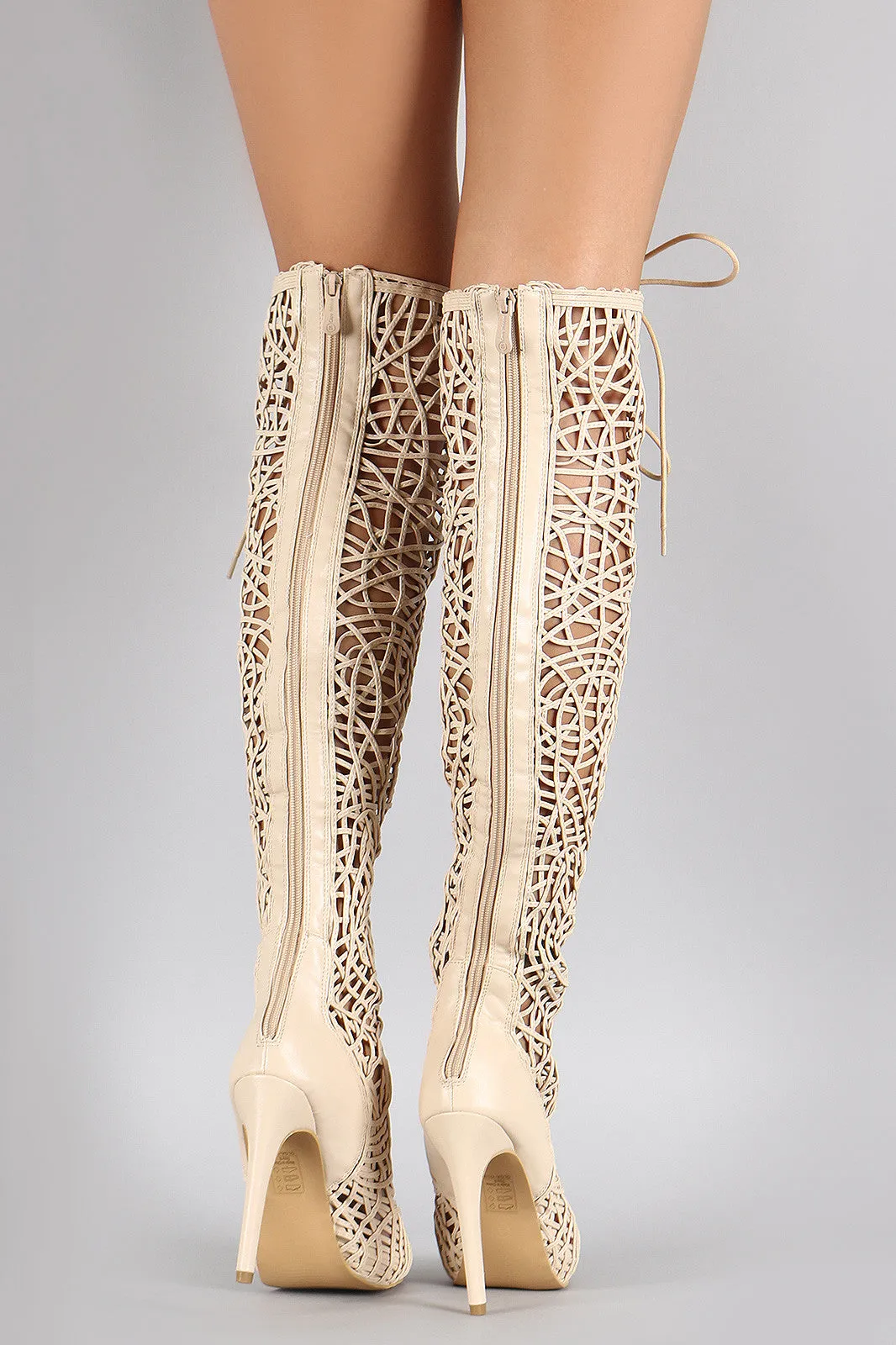 Strappy Woven Lace Up Peep Toe Stiletto Thigh High Boot