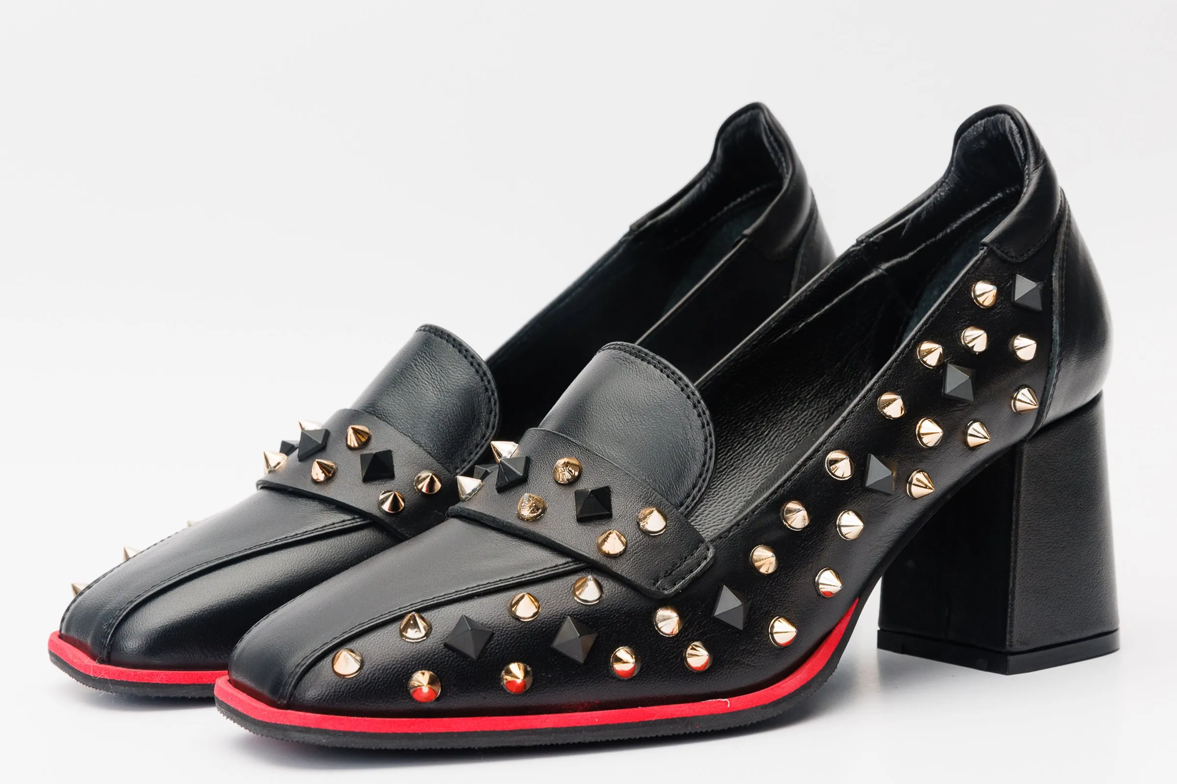 The Infanta Black Spike Leather Block Heel Pump Women Shoe