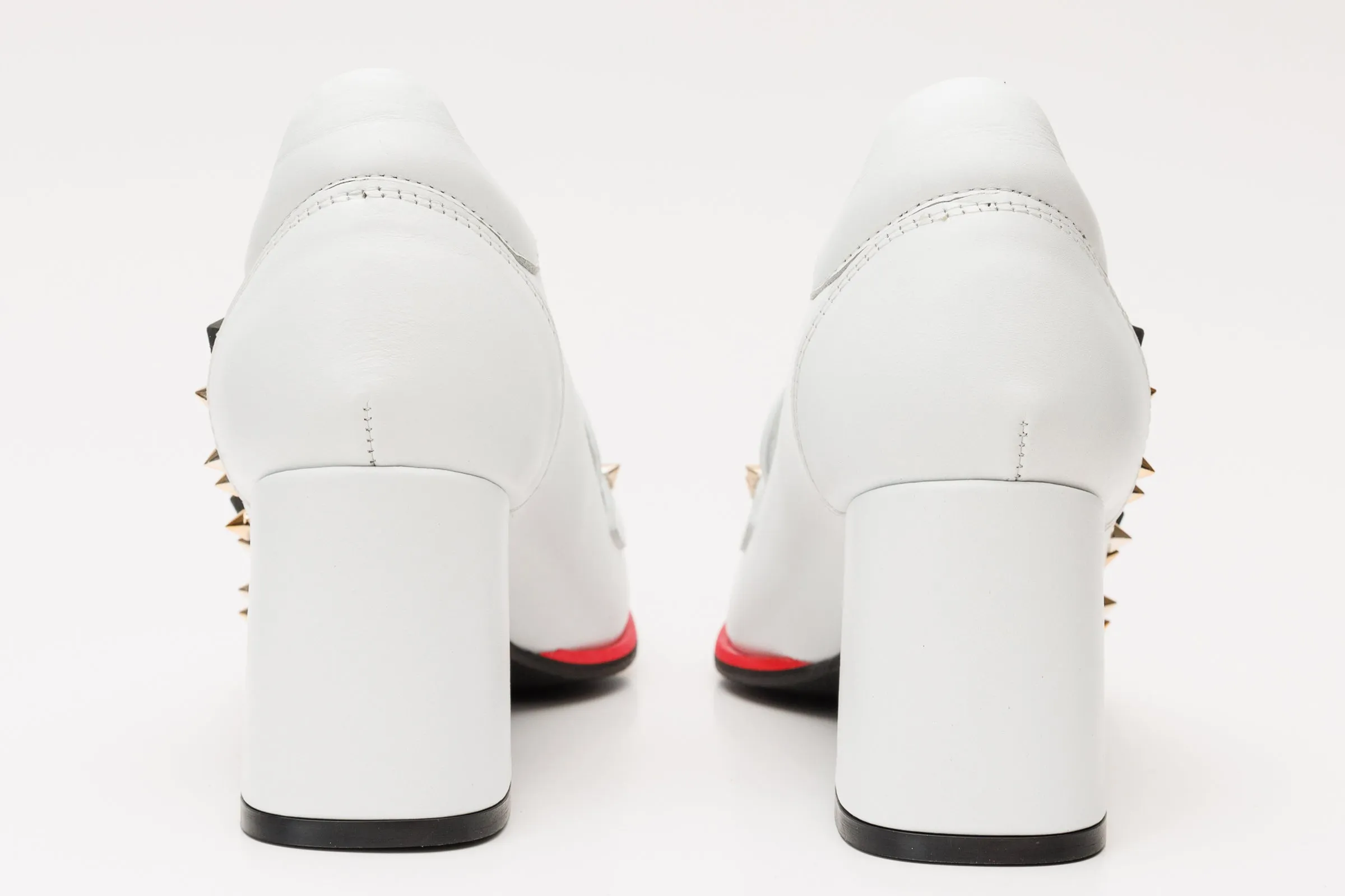 The Infanta White Spike Leather Block Heel Pump Women Shoe