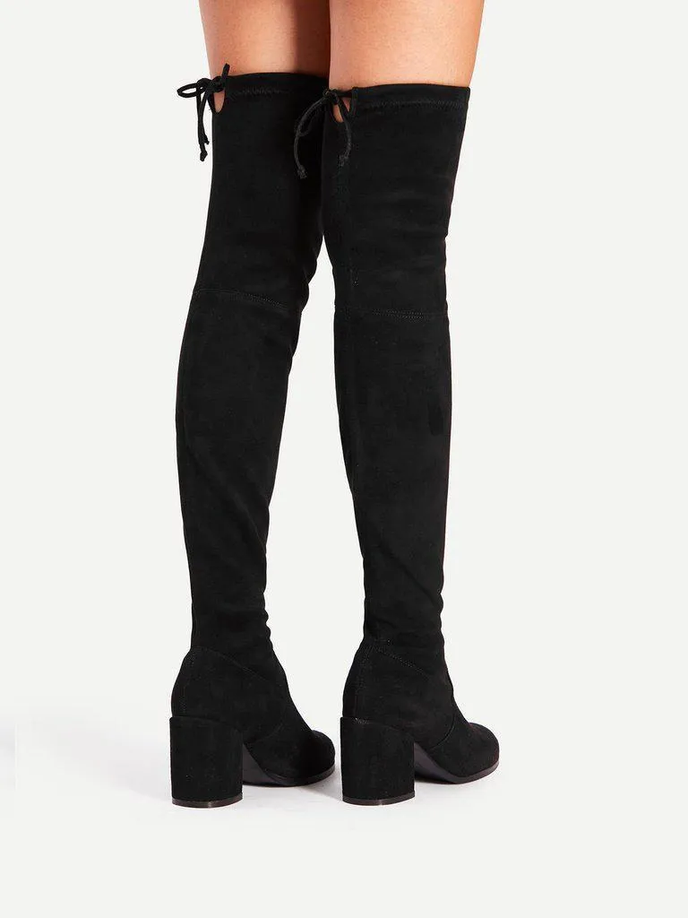 Tie Back Over Knee Block Heeled Boots