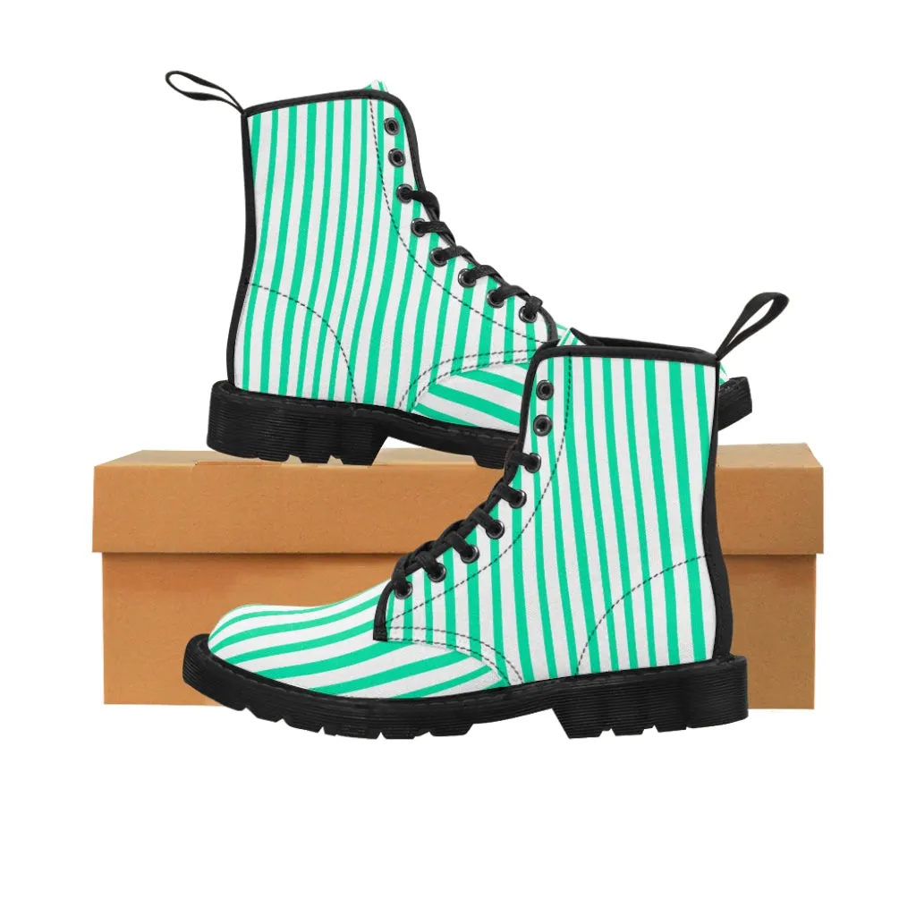 Turquoise Blue Women's Canvas Boots, White Blue Striped Designer Winter Boots For Ladies