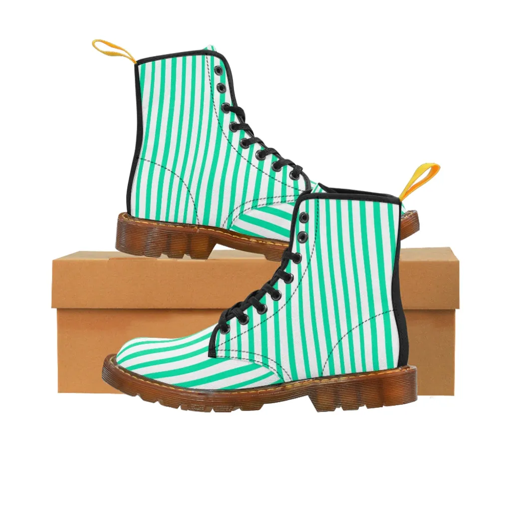 Turquoise Blue Women's Canvas Boots, White Blue Striped Designer Winter Boots For Ladies