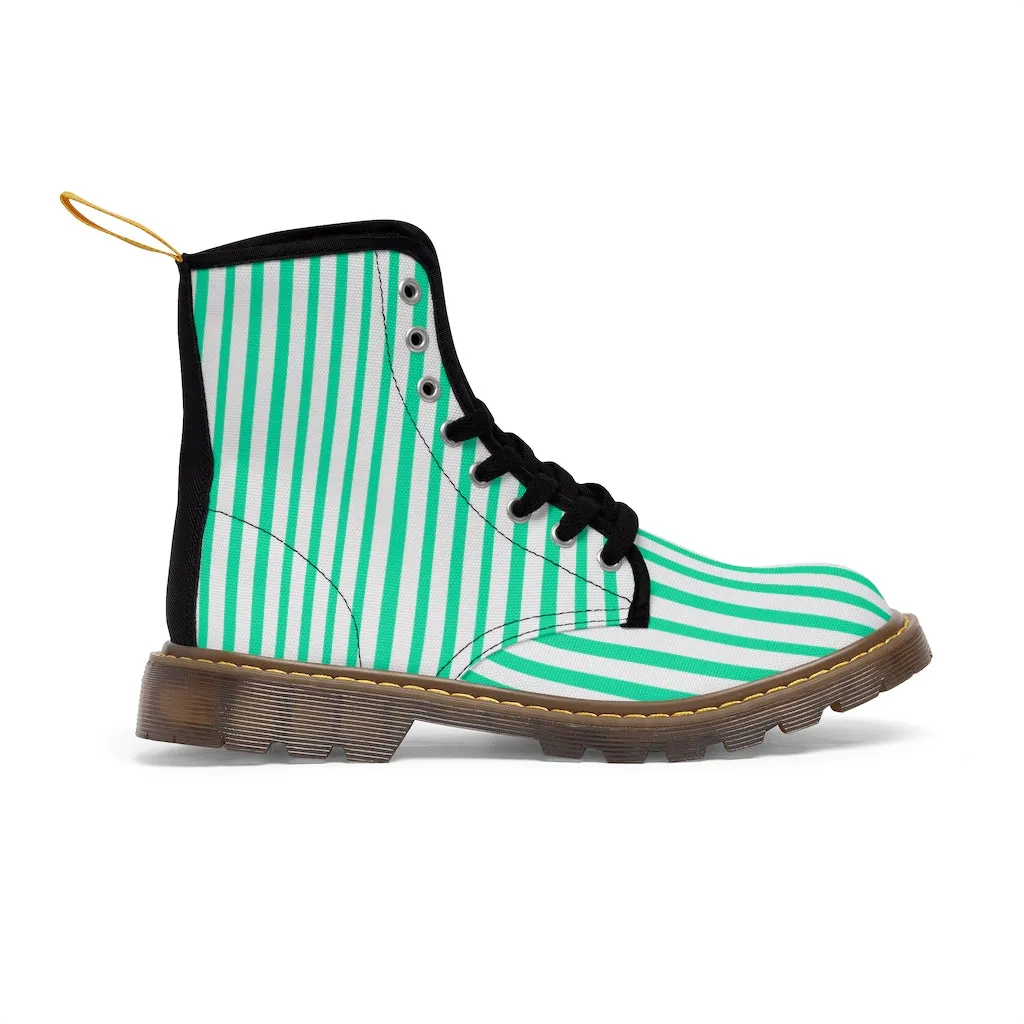 Turquoise Blue Women's Canvas Boots, White Blue Striped Designer Winter Boots For Ladies