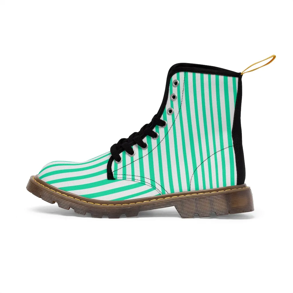 Turquoise Blue Women's Canvas Boots, White Blue Striped Designer Winter Boots For Ladies