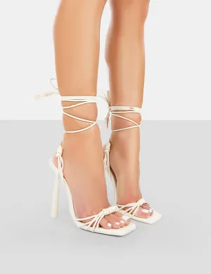 Twistin Ecru Pu Square Toe Strappy Lace Up Stiletto Heels