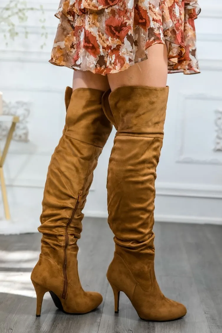 Unmatchable Pointy Slouchy Knee and Thigh High Boots Tan