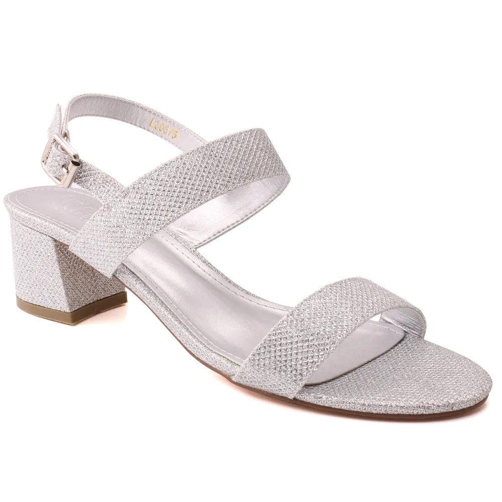 Women “AUDREY” Open Toe Glitter Texture Block Heel Buckle Closure Sandals