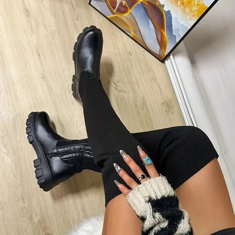 Women Thigh High Stretch Knit Boots