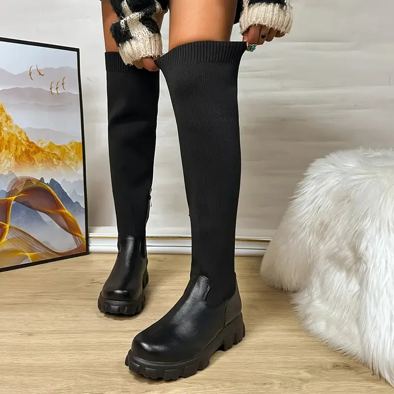 Women Thigh High Stretch Knit Boots