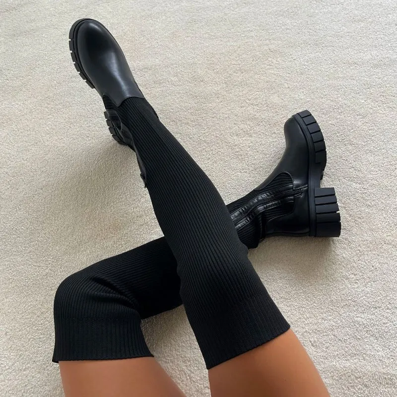 Women Thigh High Stretch Knit Boots