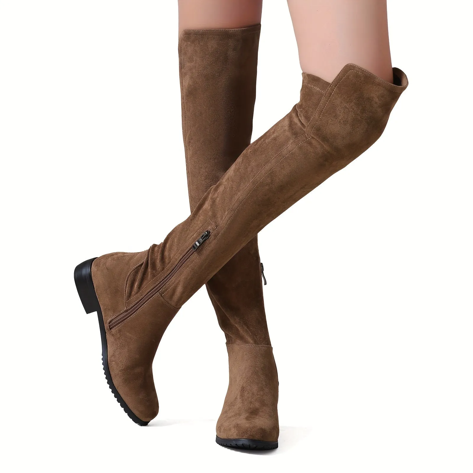 Womens Low Heeled Boots Pointed Toe Over The Knee Thigh High Boots