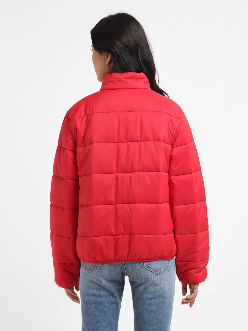 Women's Solid Red High Neck Quilted Jacket