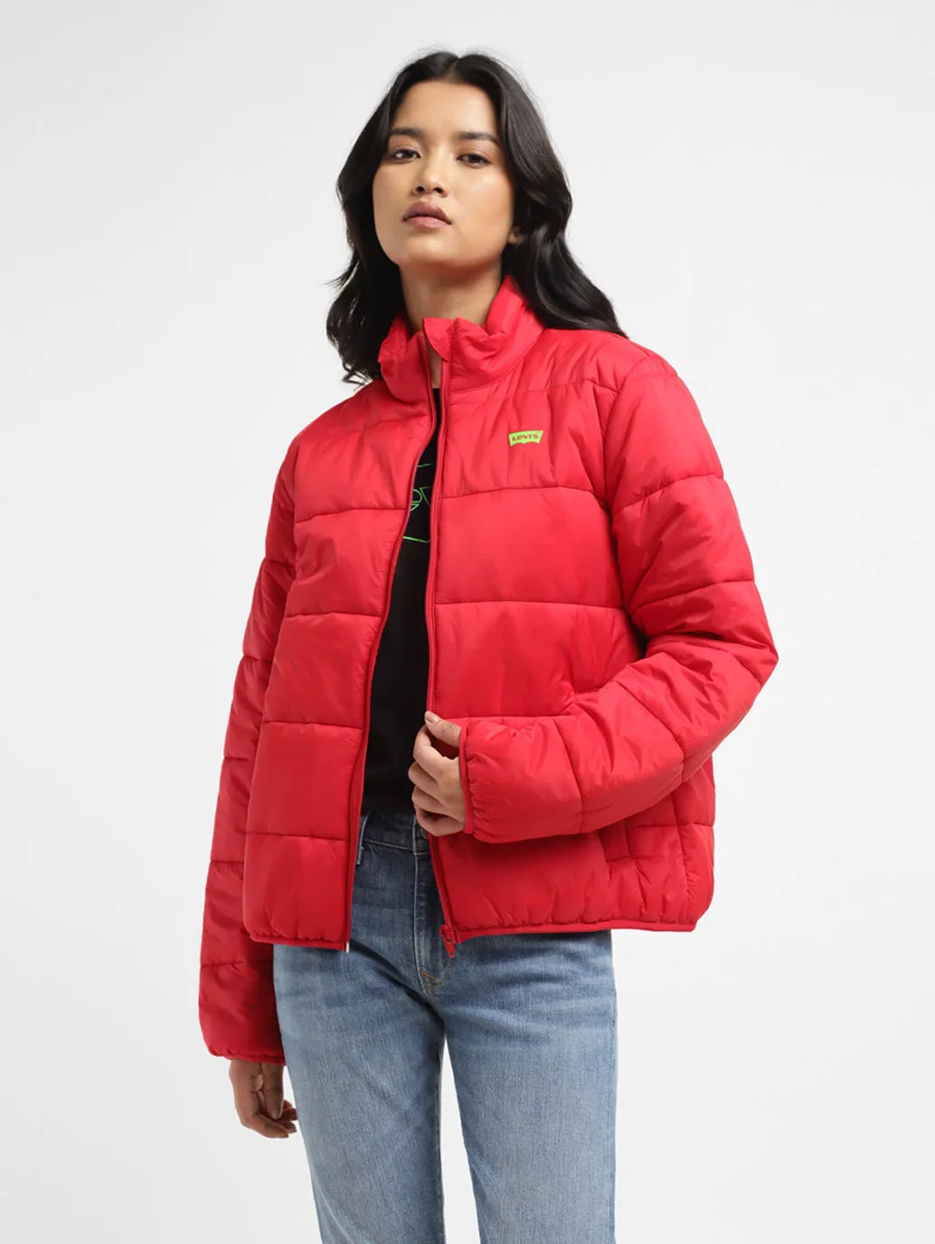 Women's Solid Red High Neck Quilted Jacket