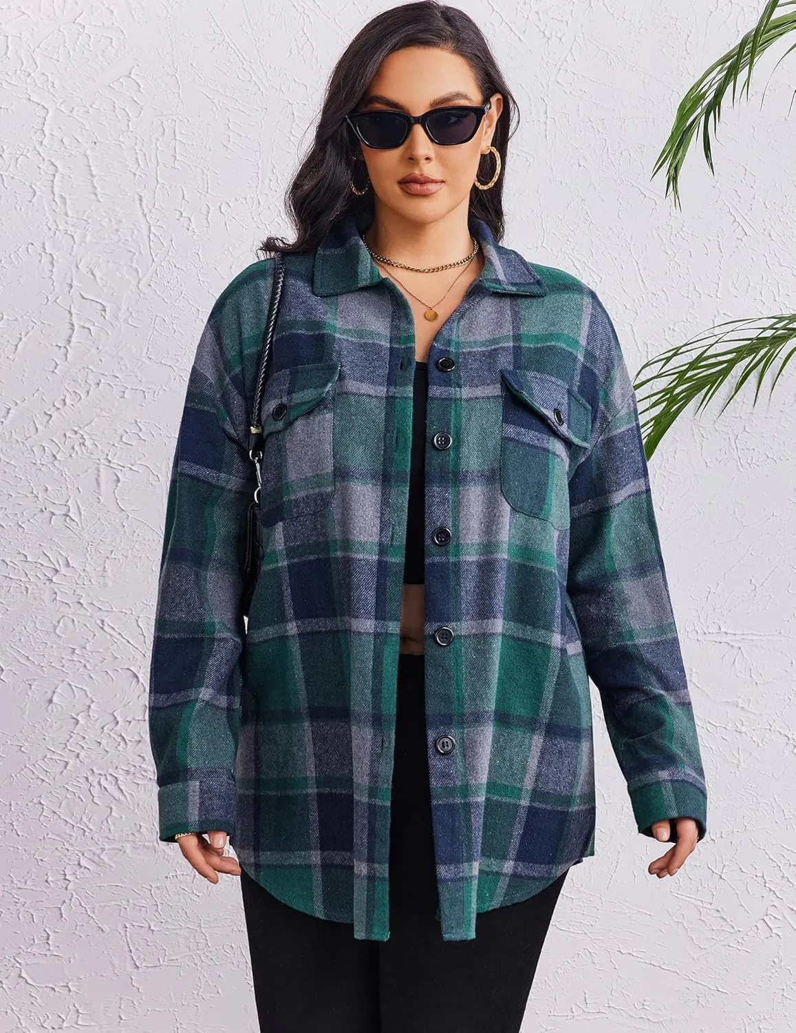 Zeagoo Women's Plus Size Flannel Plaid Shacket Button Down Color Block Shirts Tops Long Sleeve Casual Fall Jacket Coat