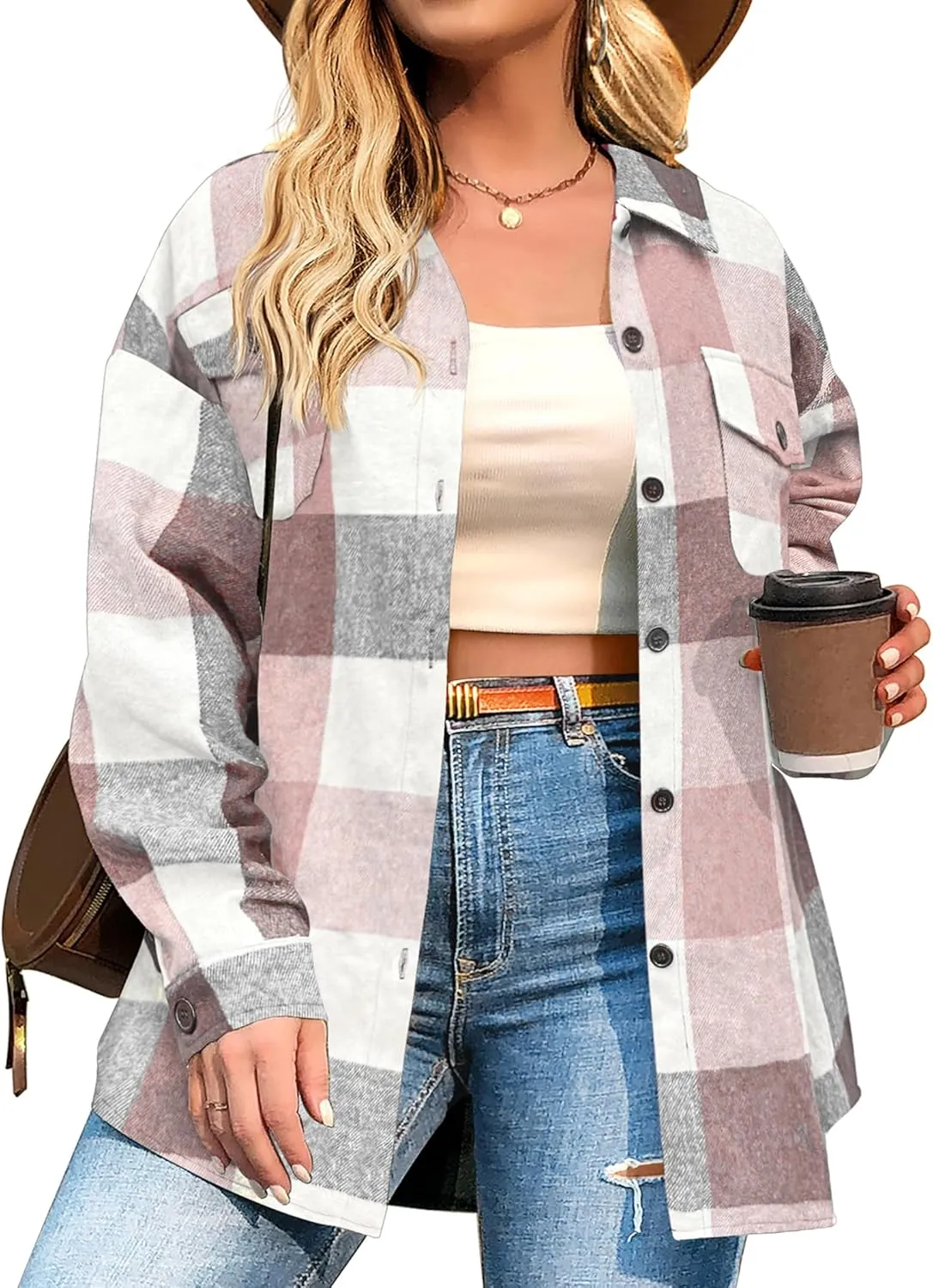 Zeagoo Women's Plus Size Flannel Plaid Shacket Button Down Color Block Shirts Tops Long Sleeve Casual Fall Jacket Coat