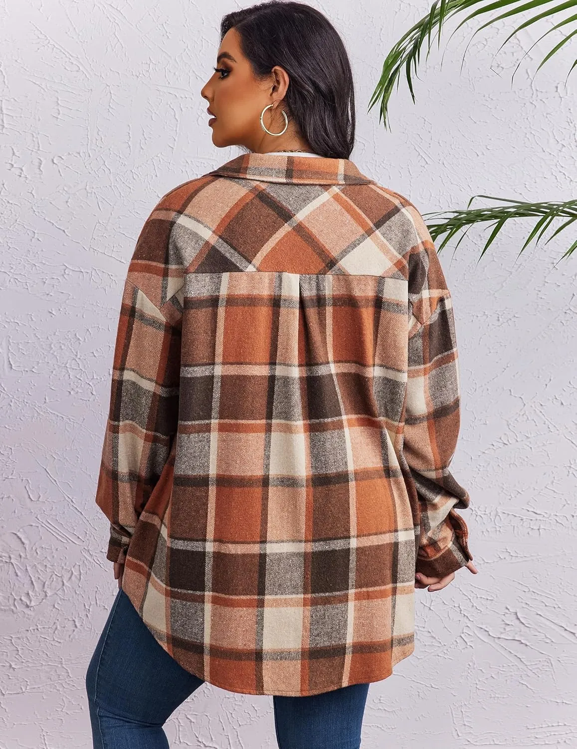 Zeagoo Women's Plus Size Flannel Plaid Shacket Button Down Color Block Shirts Tops Long Sleeve Casual Fall Jacket Coat