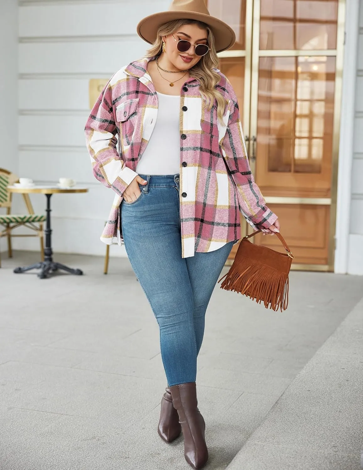 Zeagoo Women's Plus Size Flannel Plaid Shacket Button Down Color Block Shirts Tops Long Sleeve Casual Fall Jacket Coat