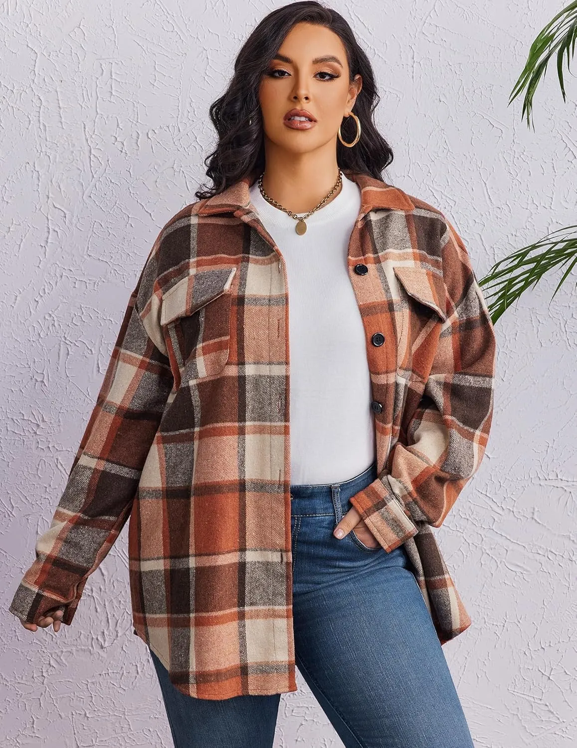 Zeagoo Women's Plus Size Flannel Plaid Shacket Button Down Color Block Shirts Tops Long Sleeve Casual Fall Jacket Coat