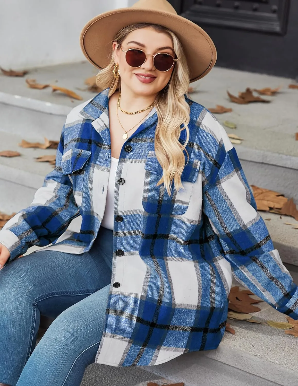 Zeagoo Women's Plus Size Flannel Plaid Shacket Button Down Color Block Shirts Tops Long Sleeve Casual Fall Jacket Coat