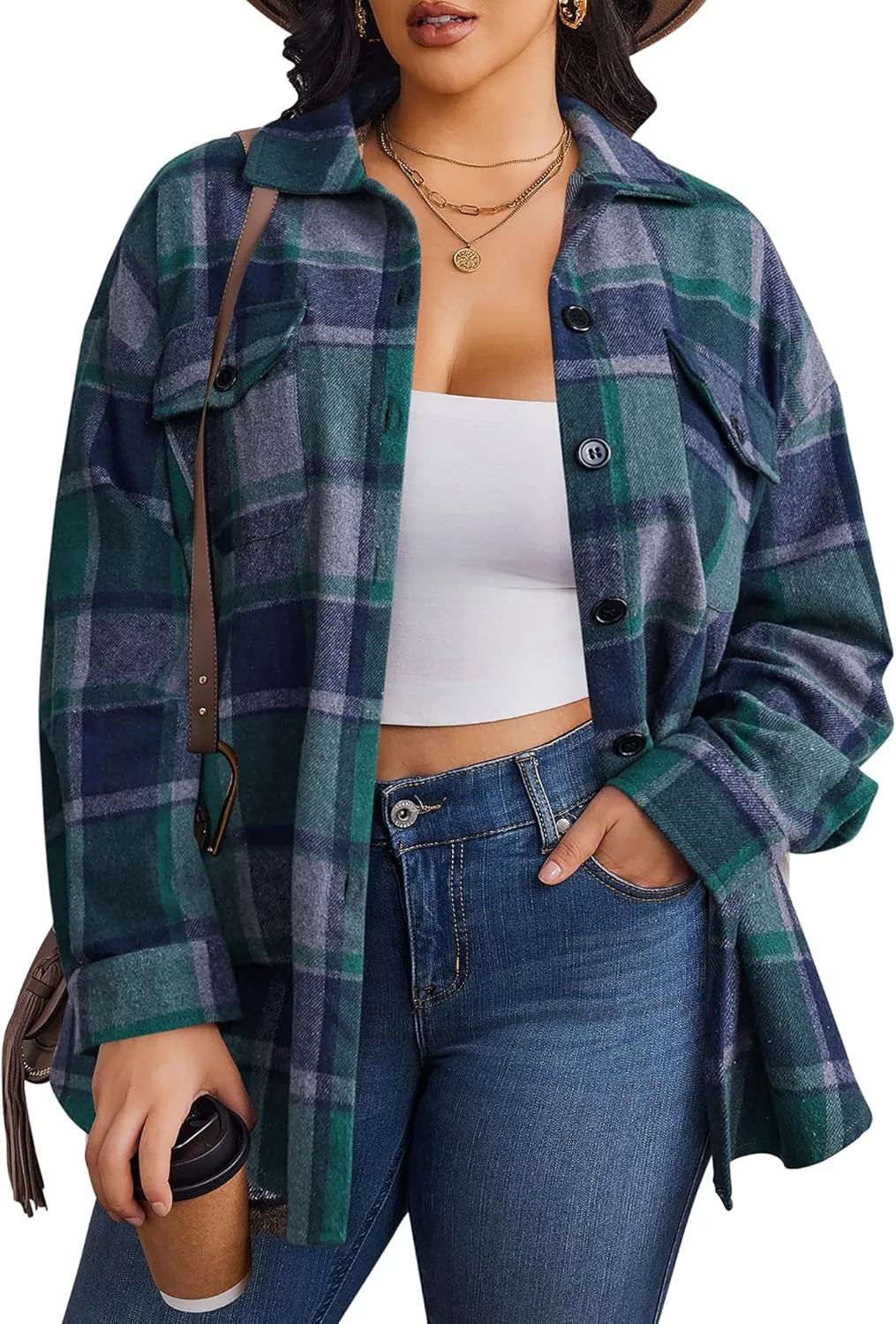 Zeagoo Women's Plus Size Flannel Plaid Shacket Button Down Color Block Shirts Tops Long Sleeve Casual Fall Jacket Coat