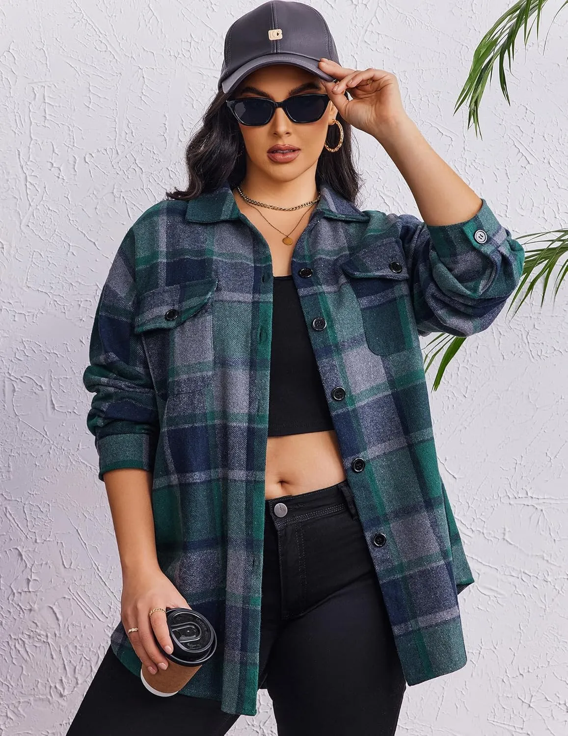 Zeagoo Women's Plus Size Flannel Plaid Shacket Button Down Color Block Shirts Tops Long Sleeve Casual Fall Jacket Coat