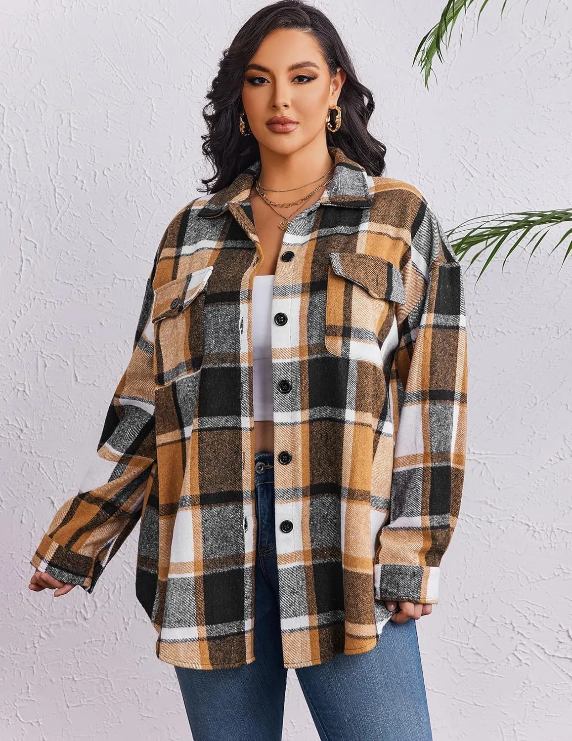 Zeagoo Women's Plus Size Flannel Plaid Shacket Button Down Color Block Shirts Tops Long Sleeve Casual Fall Jacket Coat