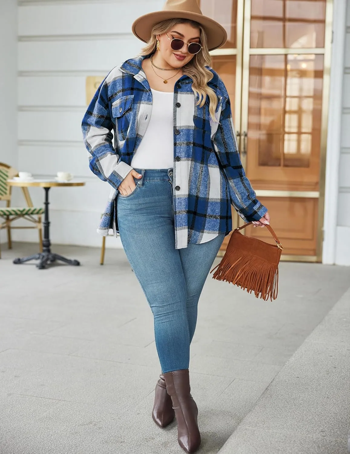 Zeagoo Women's Plus Size Flannel Plaid Shacket Button Down Color Block Shirts Tops Long Sleeve Casual Fall Jacket Coat