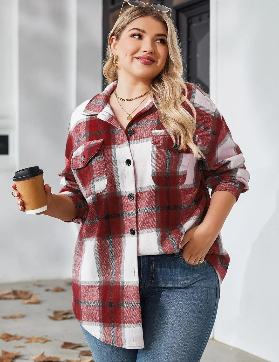 Zeagoo Women's Plus Size Flannel Plaid Shacket Button Down Color Block Shirts Tops Long Sleeve Casual Fall Jacket Coat