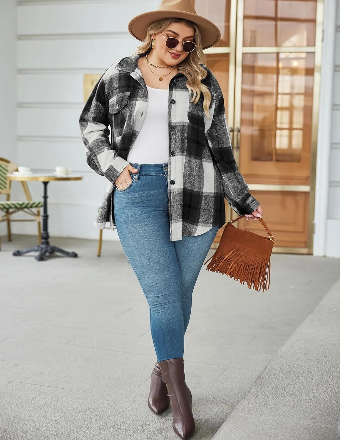 Zeagoo Women's Plus Size Flannel Plaid Shacket Button Down Color Block Shirts Tops Long Sleeve Casual Fall Jacket Coat