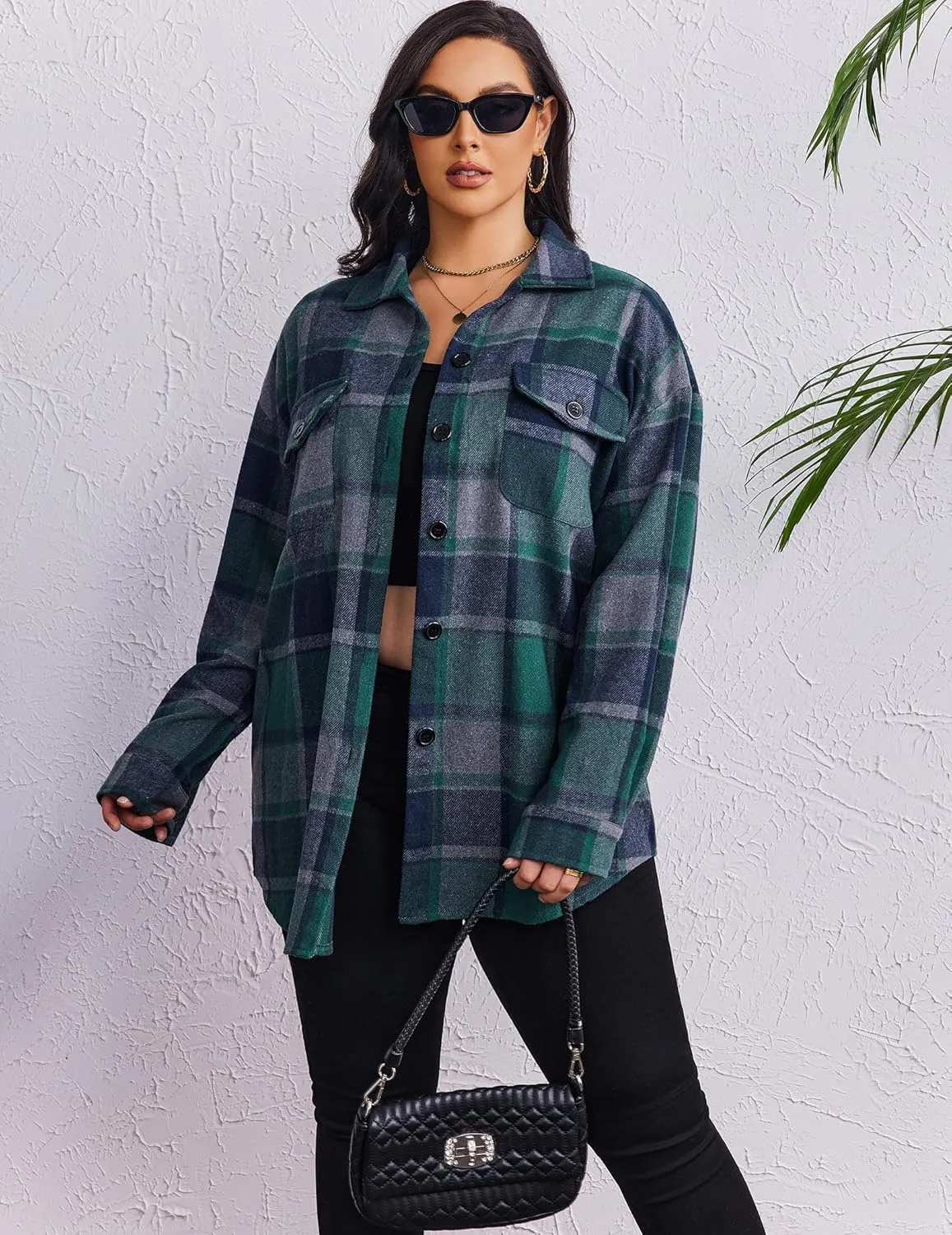 Zeagoo Women's Plus Size Flannel Plaid Shacket Button Down Color Block Shirts Tops Long Sleeve Casual Fall Jacket Coat